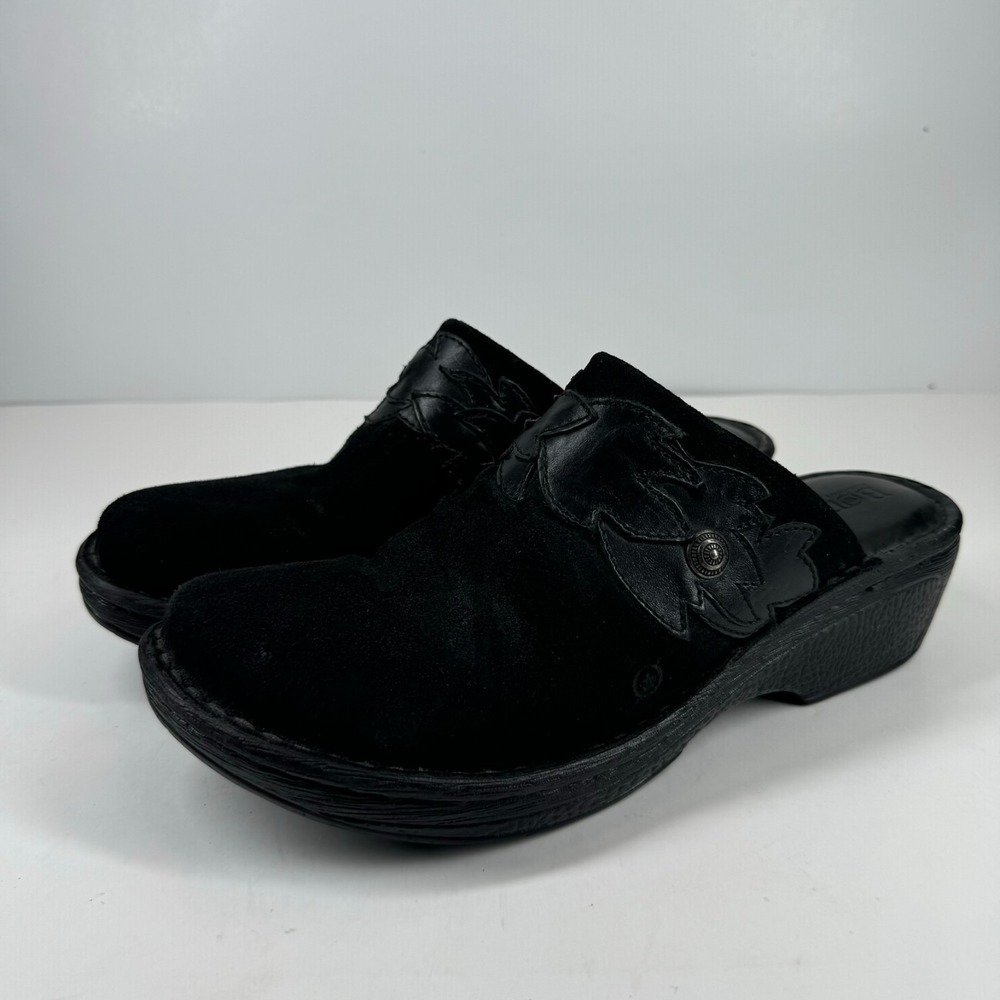 Born Pittina Women's US 11/43 Black Leather Floral Comfort Clog Mules BS4603